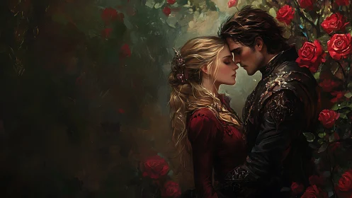 Two figures in period costume embrace near red roses