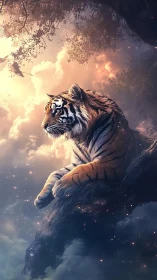 Dreamy twilight tiger resting above glowing clouds.