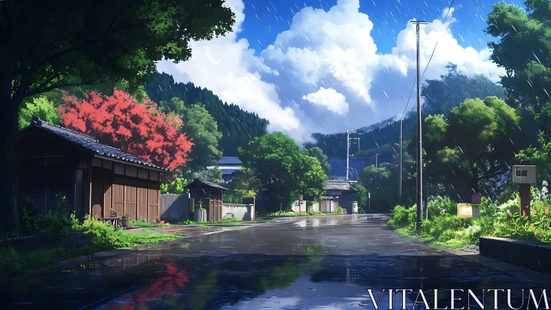 Quiet rural street in gentle summer rain afterstorm.