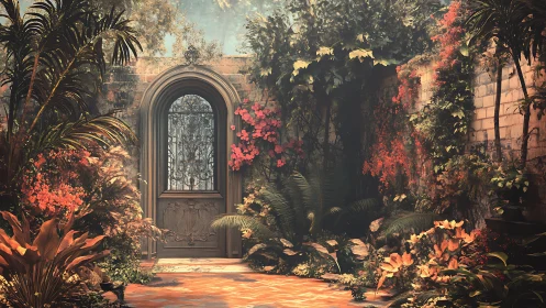 Ornate garden doorway framed by lush terracotta foliage.