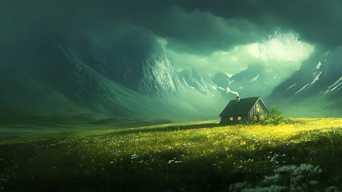 Small cabin glows on illuminated meadow below dark mountains