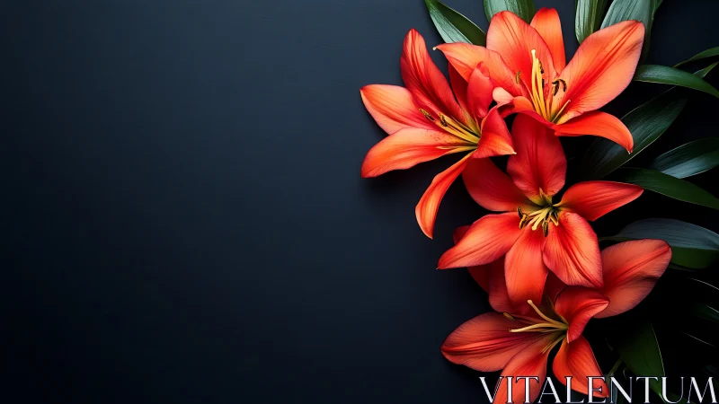 Vibrant Orange Lilies Blooming Against Dark Background.