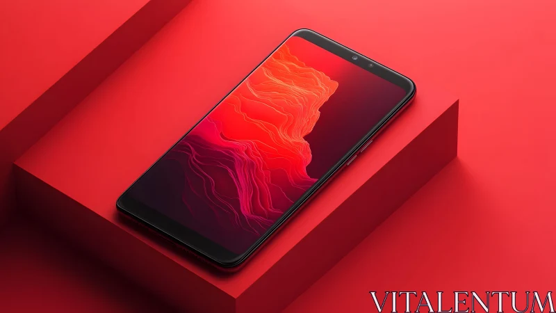 Sleek black smartphone on red geometric platform, modern minimal style.