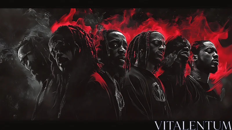 Multiple male portraits in red and black smoke composition.