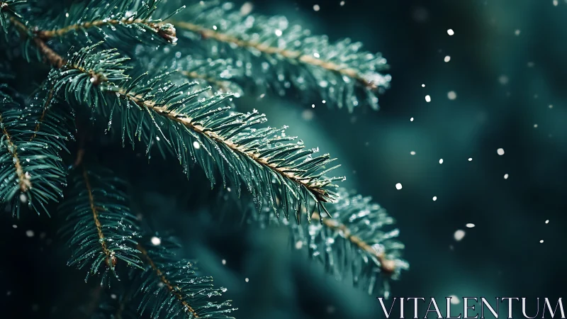 Macro evergreen needles in atmospheric winter shallow focus.