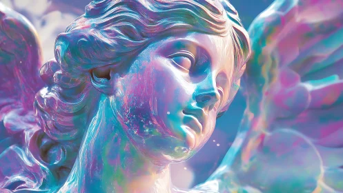 Iridescent winged statue bust with prismatic subsurface glow