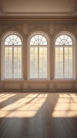 Sunlit neoclassical hall with three grand arched windows.