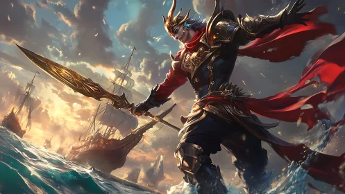 Sea-crowned warlord strides the waves with stormlit spear.