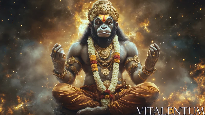 Divine simian yogi meditating amid luminous cosmic fire.