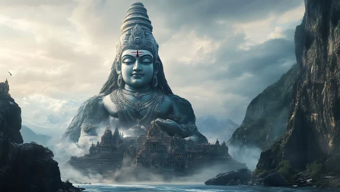 Colossal Shiva deity dominates mist-laden temple valley