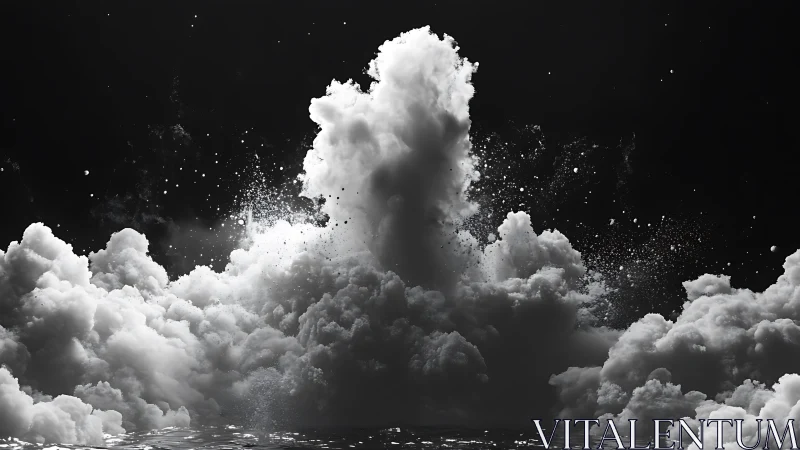 Monochrome cumulonimbus detonation with particulate splash dynamics.