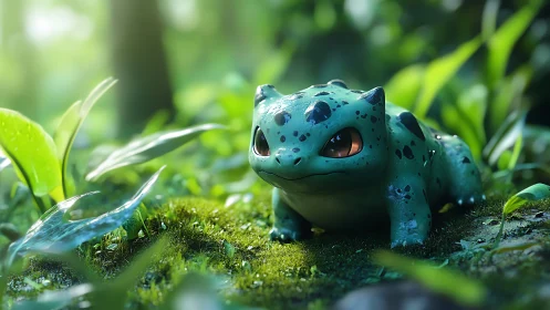 Bulbasaur creature crouches on mossy forest floor