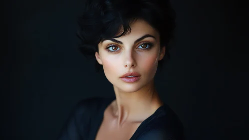 Studio portrait of woman with short dark hair on black background.