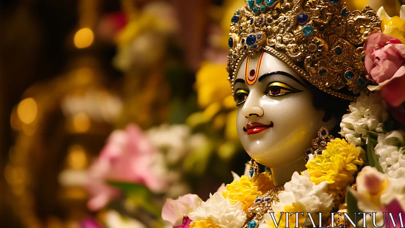 Ornate Hindu deity sculpture with floral garlands in bokeh light.