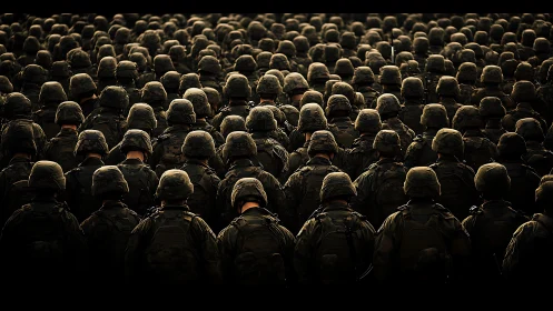 Soldiers stand in dense formation under golden low light.
