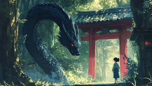 Serpentine forest dragon confronting shrine-bound girl in light.