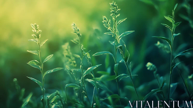 Close-up vegetation is illuminated by diffuse backlighting