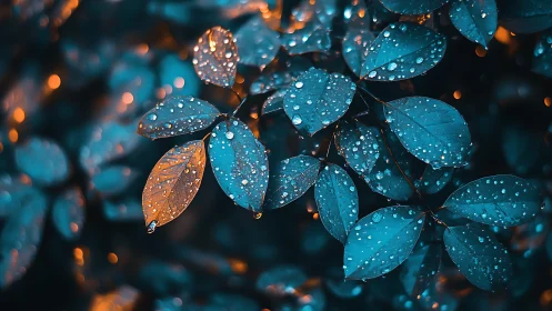 Rain-kissed blue leaves glow against warm evening bokeh.
