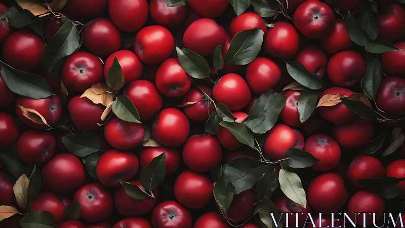 High-saturation red apples with scattered foliage in soft light