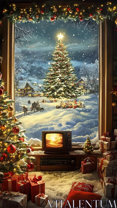Layered yuletide scene with snowfield tree and retro CRT glow.