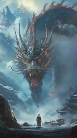 Colossal ice dragon confronting lone monk in misty peaks.