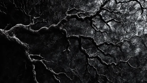Twisted bare tree branches extend across a dark night sky