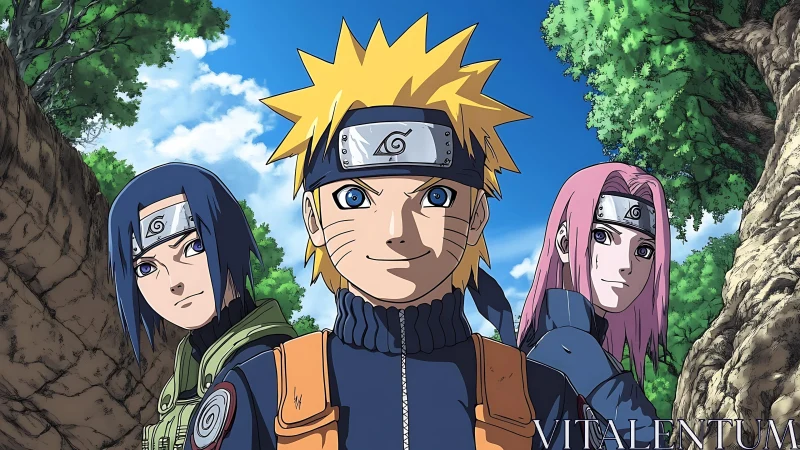 Three young ninja stand in wooded ravine under clear sky