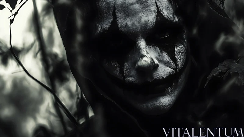 Haunting forest mime gazing through shadows and tangled night.