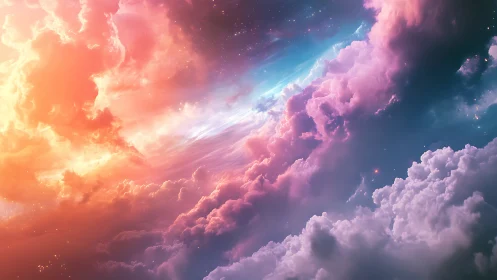Volumetric nebula clouds form a chromatic sky gradient collision