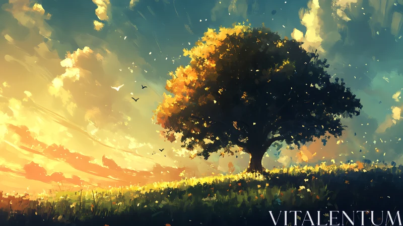 Lone tree stands on sunlit hill under bright painted sky