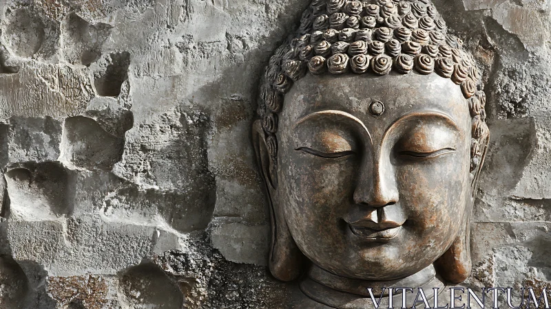 Serene stone Buddha face rests against weathered textured wall.