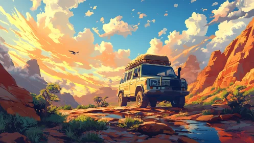 Off road SUV crossing desert canyon at vivid sunset.