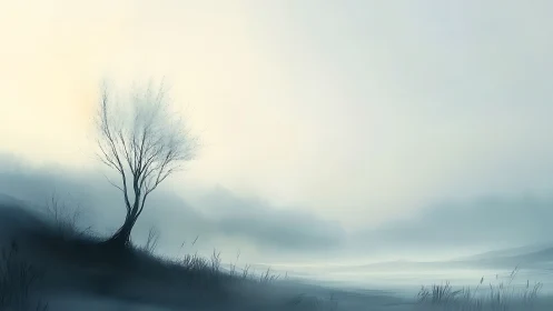 Solitary winter tree in misty pastel lakeside dawn.