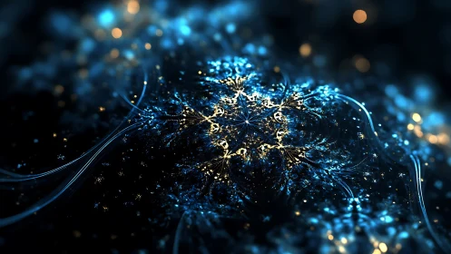 Luminescent blue fractal bloom glows across dark space.