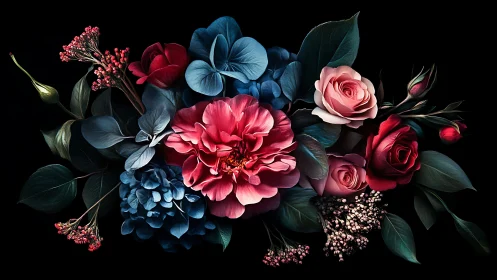 Dramatic Floral Bouquet Against Black Background.