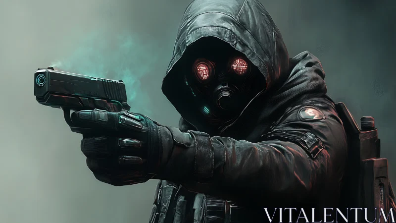 Hooded cyber-operative aiming pistol with thermal visor optics.