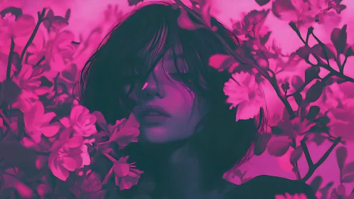 Moody blossom dreamer wrapped in neon magenta petals.