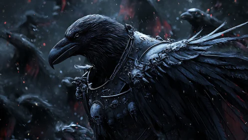Armored raven figure in dark flocked environment scene.