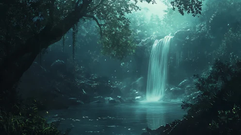 Luminescent waterfall cascades through an ancient forest sanctuary