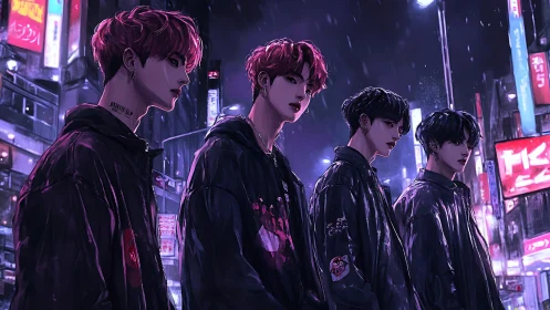 Cyberpunk street portrait of four youths in neon rainstorm.