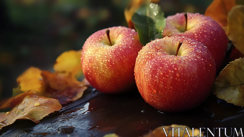 Dew covered red apples on wet autumn leaves tabletop.