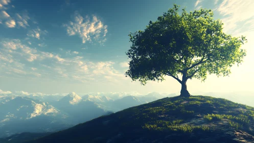 Solitary green tree crowning sunlit alpine ridgeline.