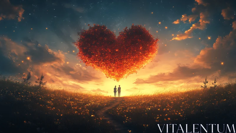 Two figures stand beneath a glowing heart-shaped light.