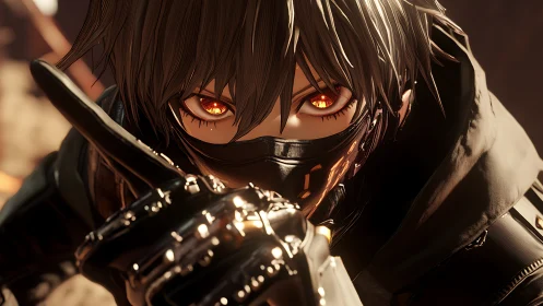 Masked ember-eyed rogue points through molten dusk shadows.