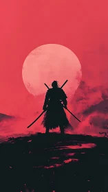 Silhouetted dual-katana ronin before overscaled lunar disc.