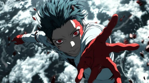 Anime character reaches forward with blood stained hand midair