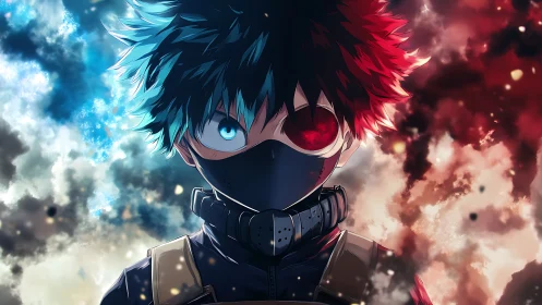 Masked split-flame prodigy framed by storming nebulae.