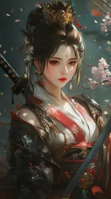 Samurai-inspired female warrior in ornate kimono portrait.