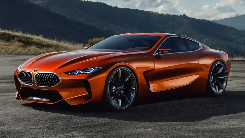 Orange BMW sports coupe parked on mountain overlook.