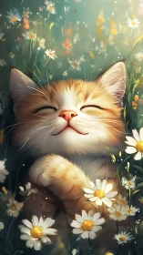 Contented Cat Surrounded by Blooming Flowers